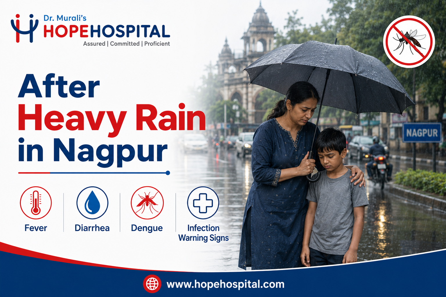After heavy rain in Nagpur - fever diarrhea dengue and infection warning signs by Hope Hospital